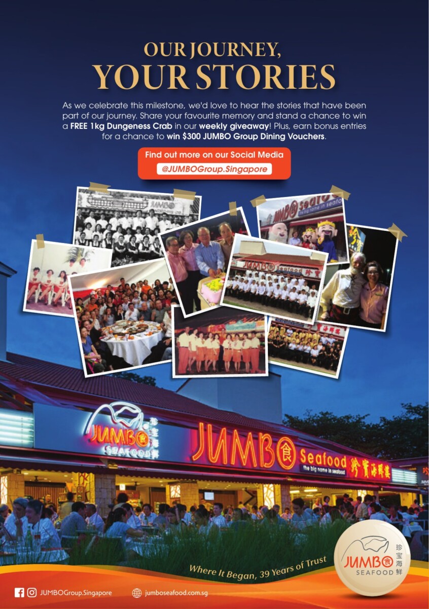 JUMBO Seafood East Coast farewell flyer showing the restaurant front and archive staff photos