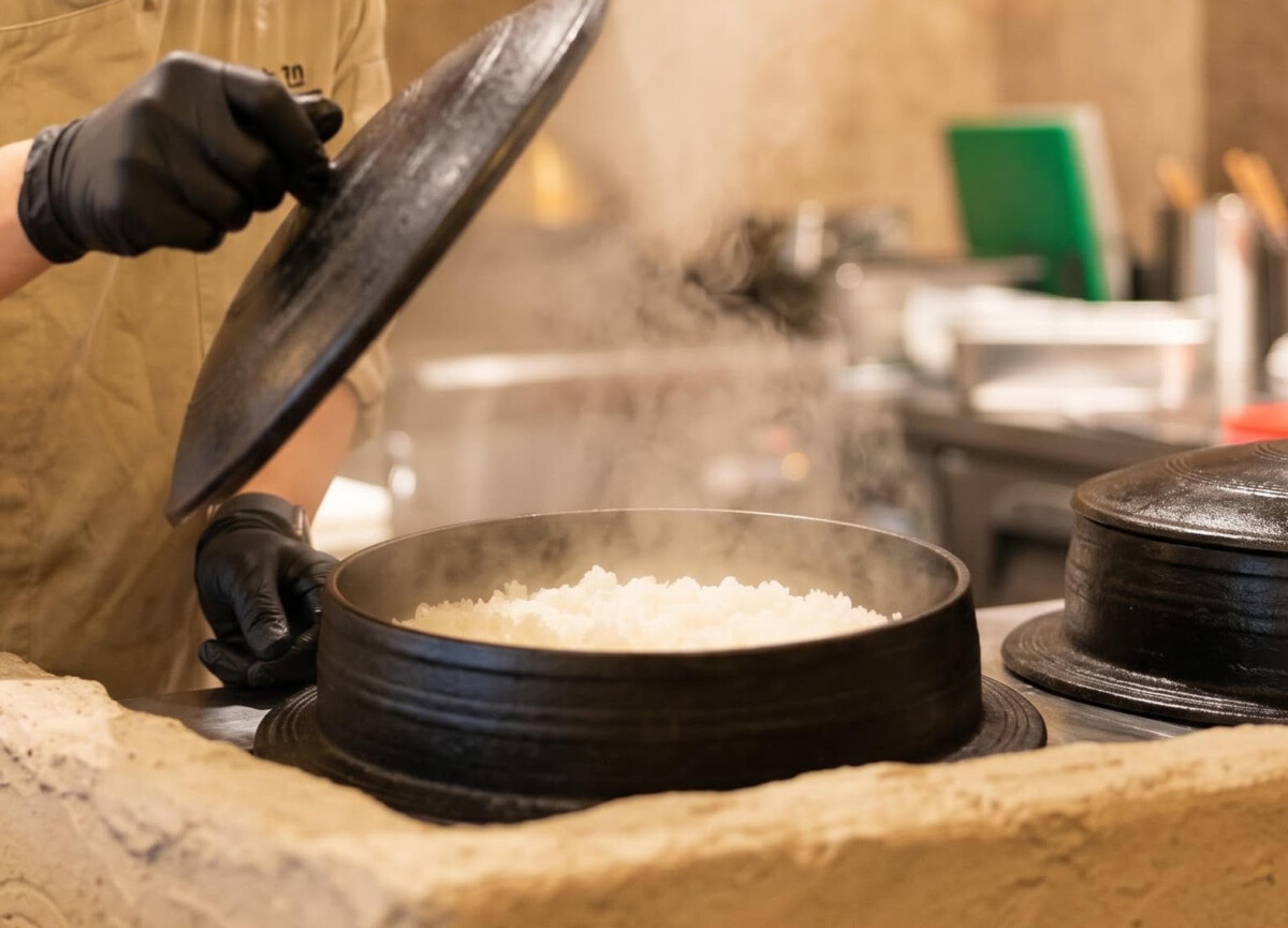 Korean Gamasot pot cooking freshly milled rice at Katsu by Kyu
