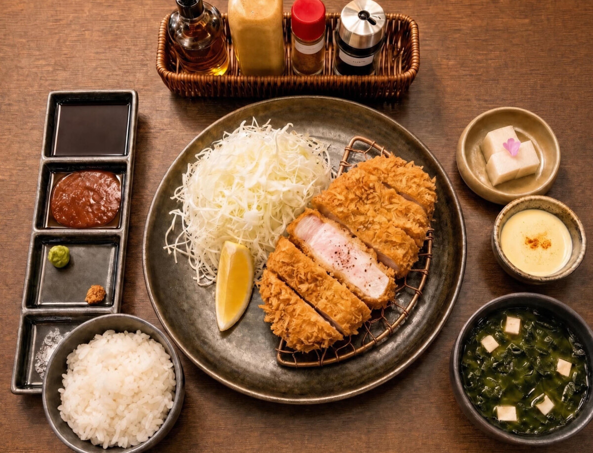 Jeju loin katsu set at Katsu by Kyu with shredded cabbage, miso soup and rice