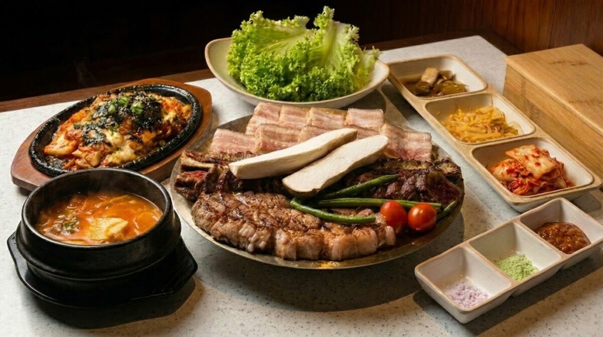 Keum Eun Don KBBQ set featuring pork belly, woodae galbi, stew and banchan