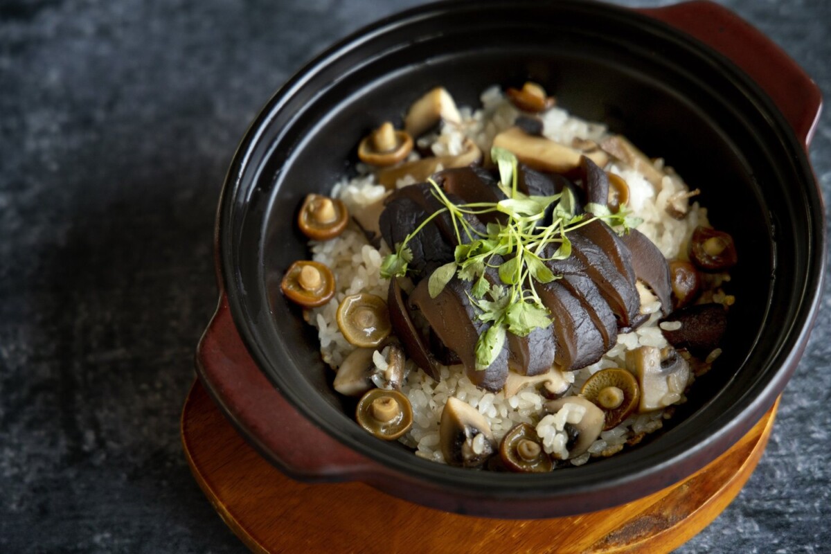 Shiitake Claypot at Kinki with braised Oita shiitake and mushrooms over butter rice