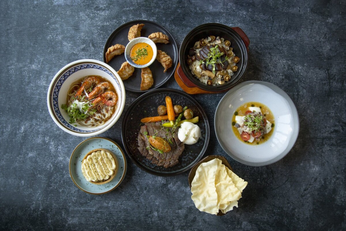 Kinki's Taste of Oita dishes laid out on a dark table, including gyoza, claypot and udon