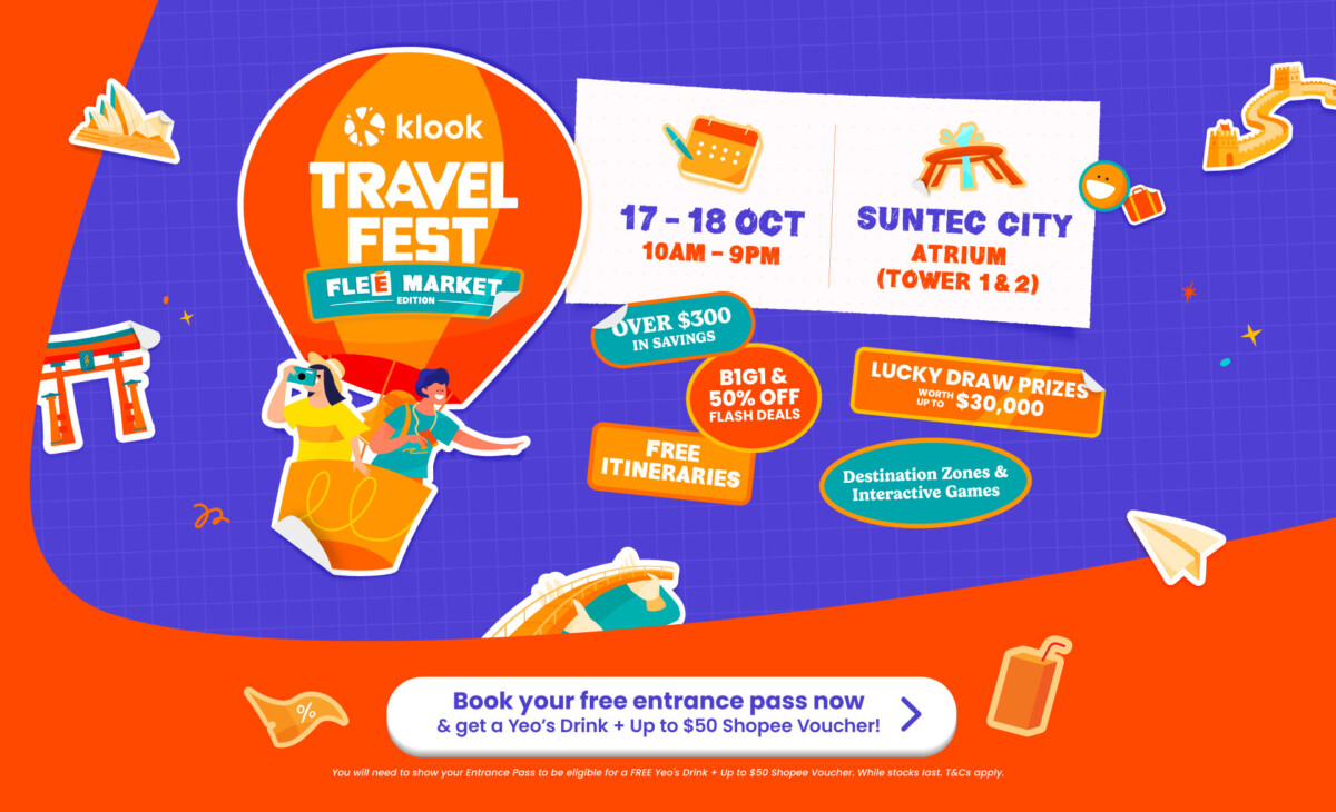 Klook Travel Fest 2026 Flee Market poster giving 17 to 18 October at Suntec City Atrium