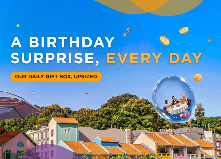 Kris+ Birthday Gift Box banner showing a daily birthday surprise over Singapore shophouses