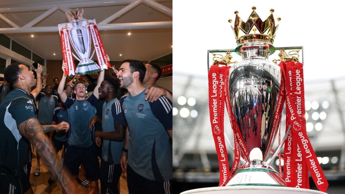 EPL final day 2026 Arsenal players celebrate with the Premier League Trophy