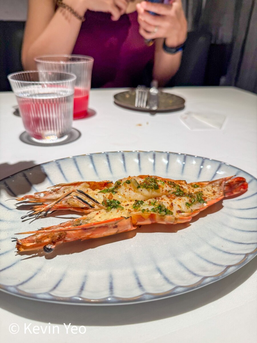 Barbecue prawn with garlic beurre blanc plated at Le Pristine Singapore Sunday brunch