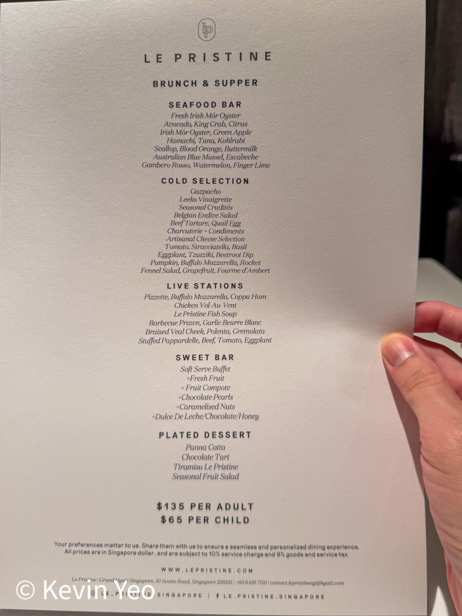 Le Pristine Singapore Brunch and Supper printed menu showing the S$135 per adult buffet