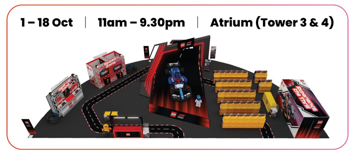 Render of the Suntec City atrium layout with the LEGO Big Build and mission zones