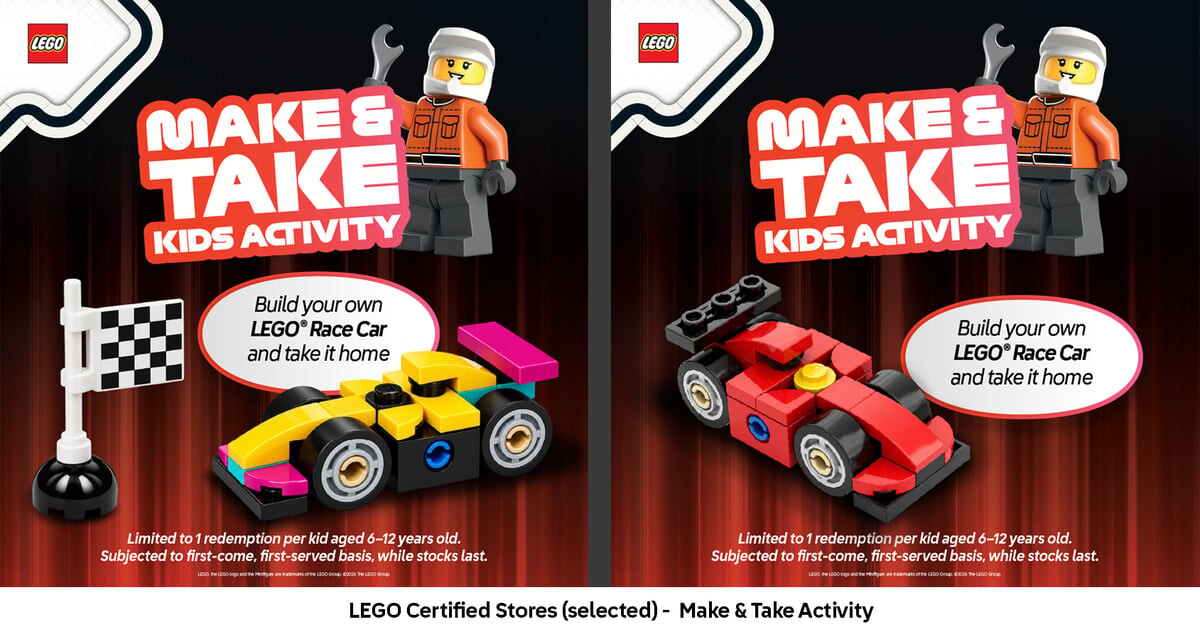 LEGO Certified Store Race Car Make & Take kids activity promo graphic