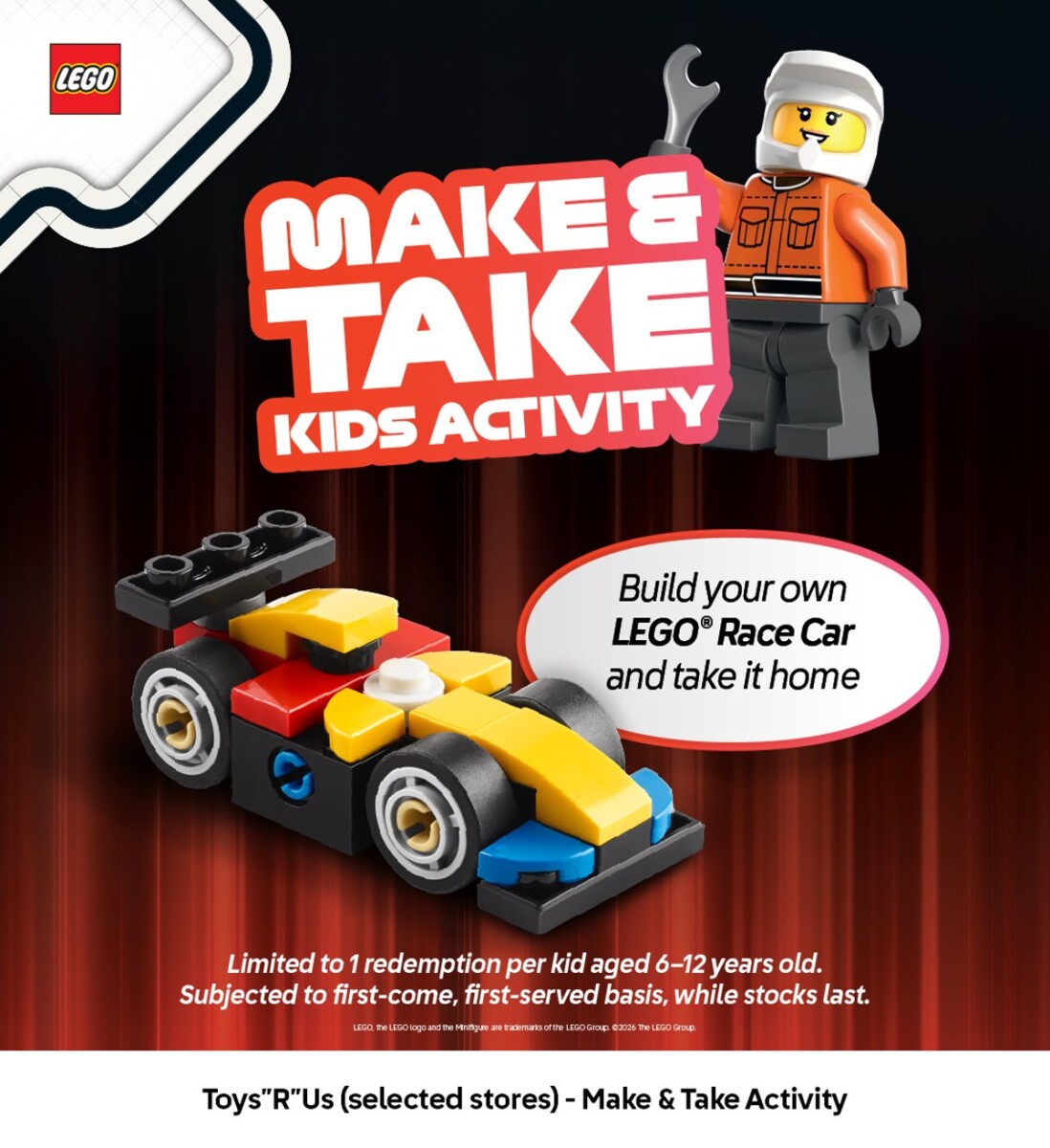 Toys R Us Race Car Make & Take kids activity promo graphic