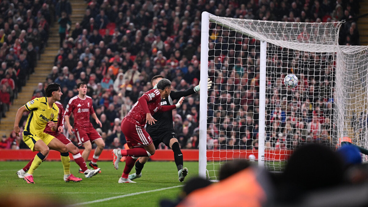 A Liverpool header goes in at the far post past the Villarreal goalkeeper at Anfield