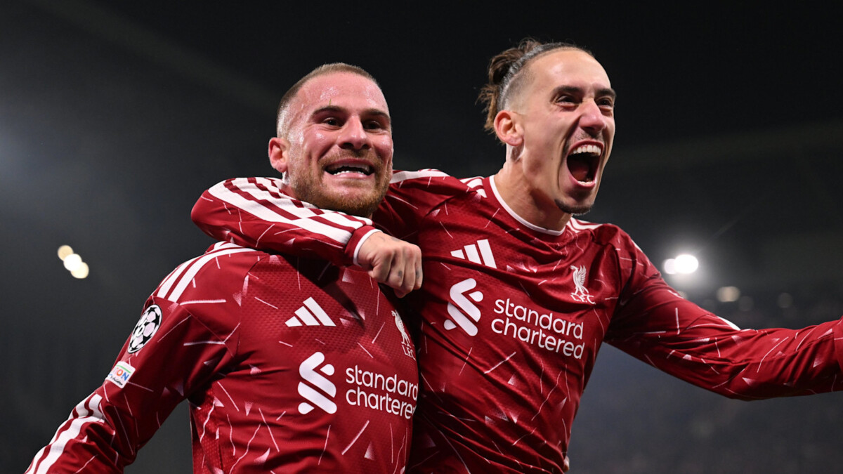 Liverpool players celebrate a goal against Villarreal at Anfield in the Champions League