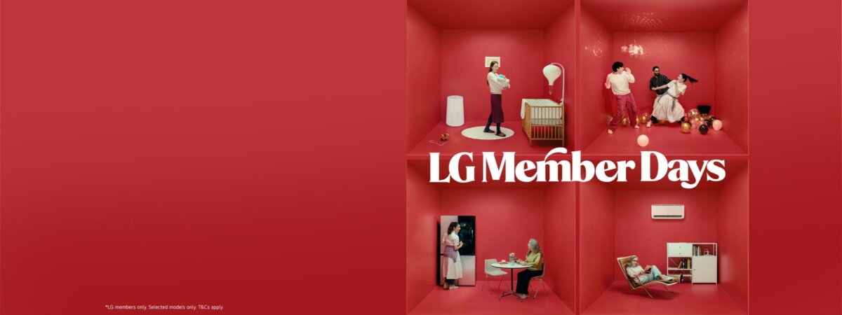 LG Member Days red campaign banner with home appliance room scenes