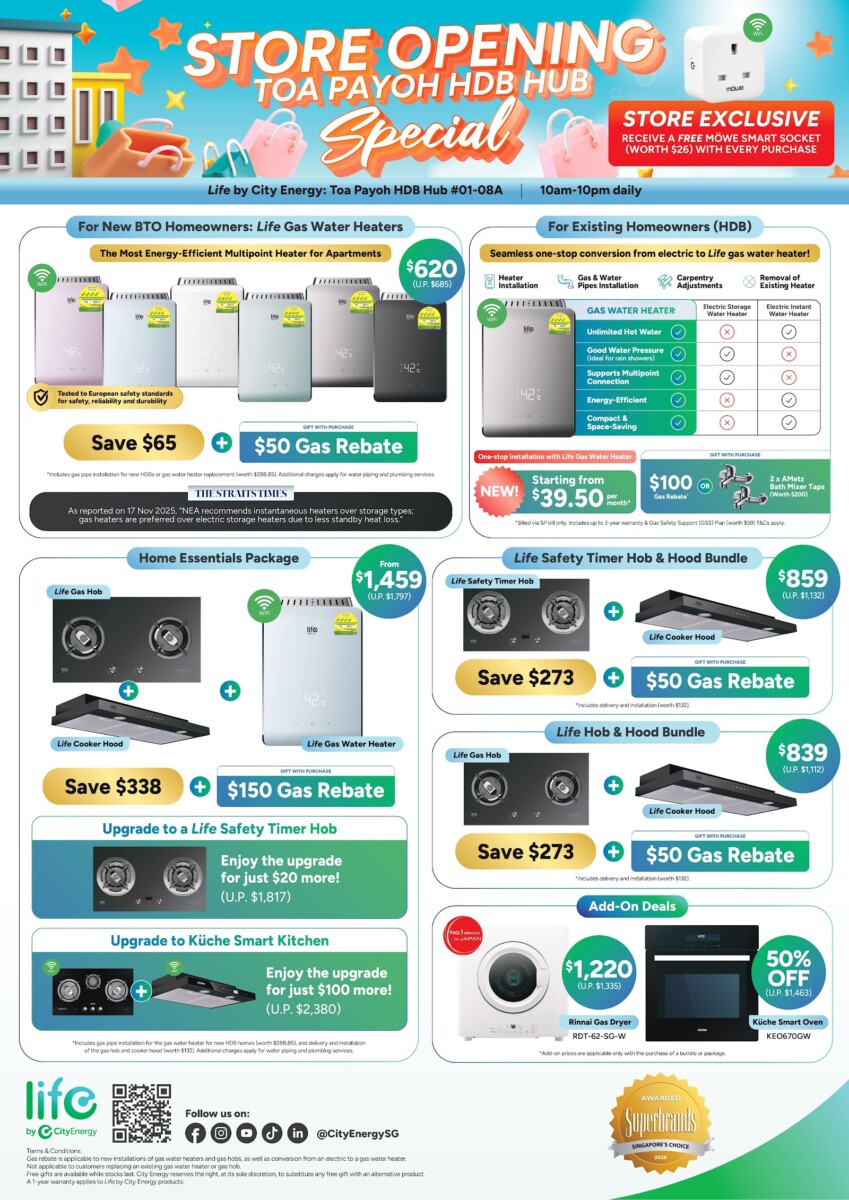 Life by City Energy's new Toa Payoh store opens on 5 October 2026 at HDB Hub.