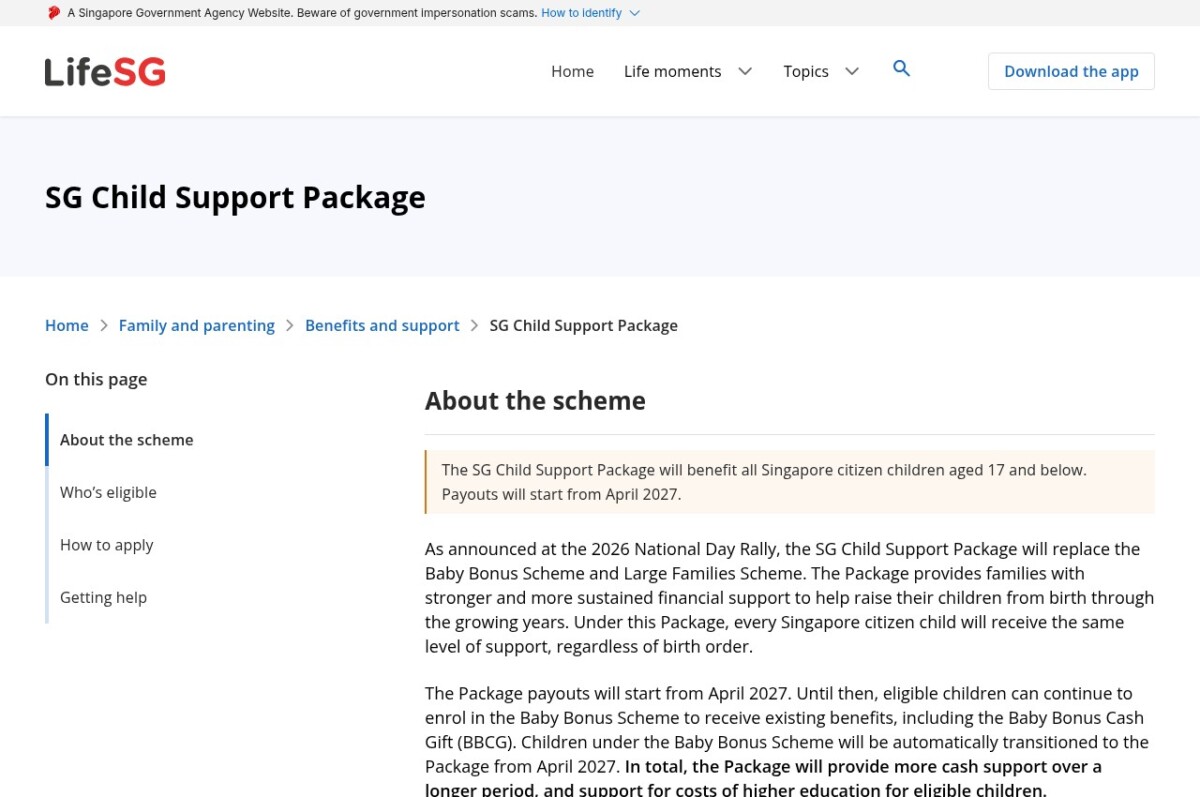 LifeSG SG Child Support Package page explaining eligibility and the April 2027 payout start