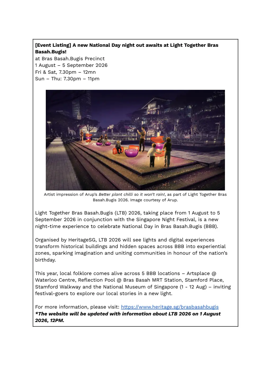 Light Together Bras Basah.Bugis 2026 event listing — National Day light festival at BBB precinct Singapore