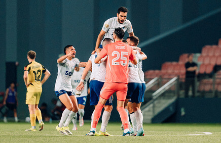 Lion City Sailors fans celebrate the unbeaten season title win at Jalan Besar Stadium
