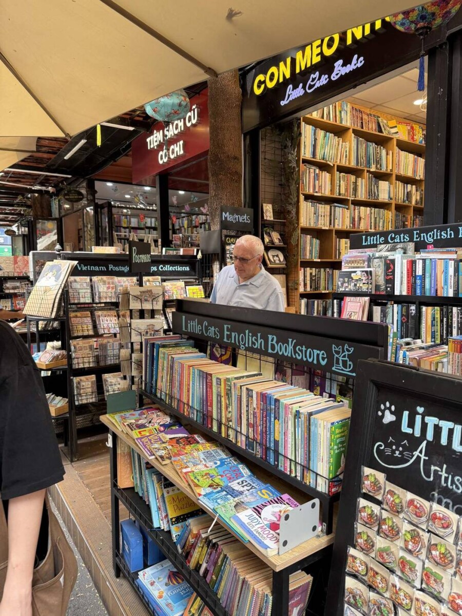 Little Cats English Bookstore in Saigon selling secondhand books, postcards and magnets