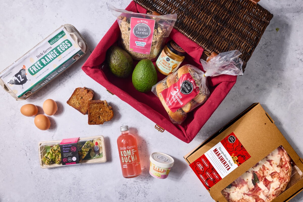 Little Farms branded products including free range eggs, avocado prawn maki sushi, organic nut-free muesli and KomBucha