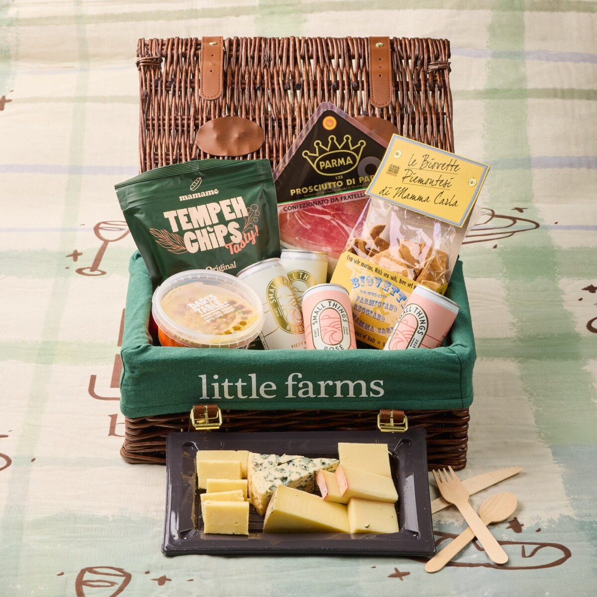Little Farms Picnic Basket wicker hamper with cheese, crackers and drinks at Botanic Gardens