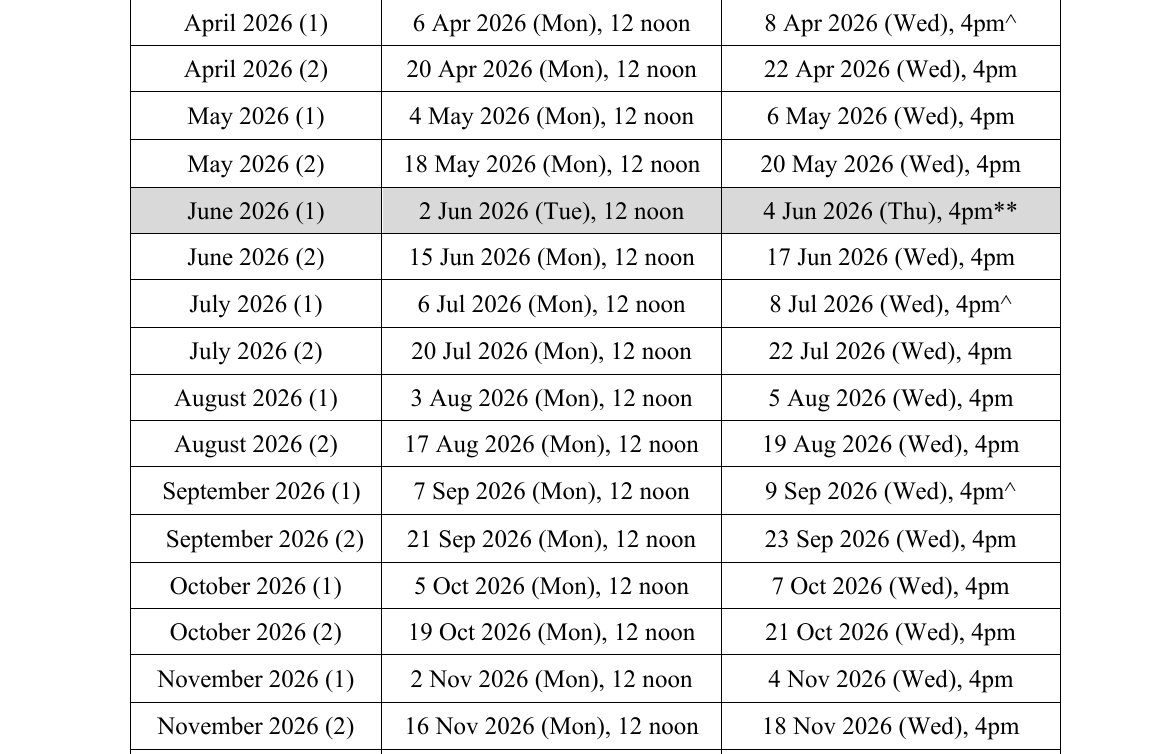 LTA 2026 COE open bidding schedule showing September and October exercises