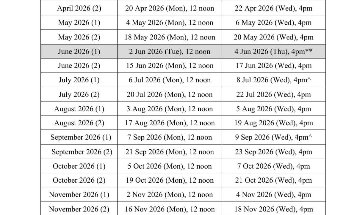 LTA 2026 COE open bidding schedule showing September exercises