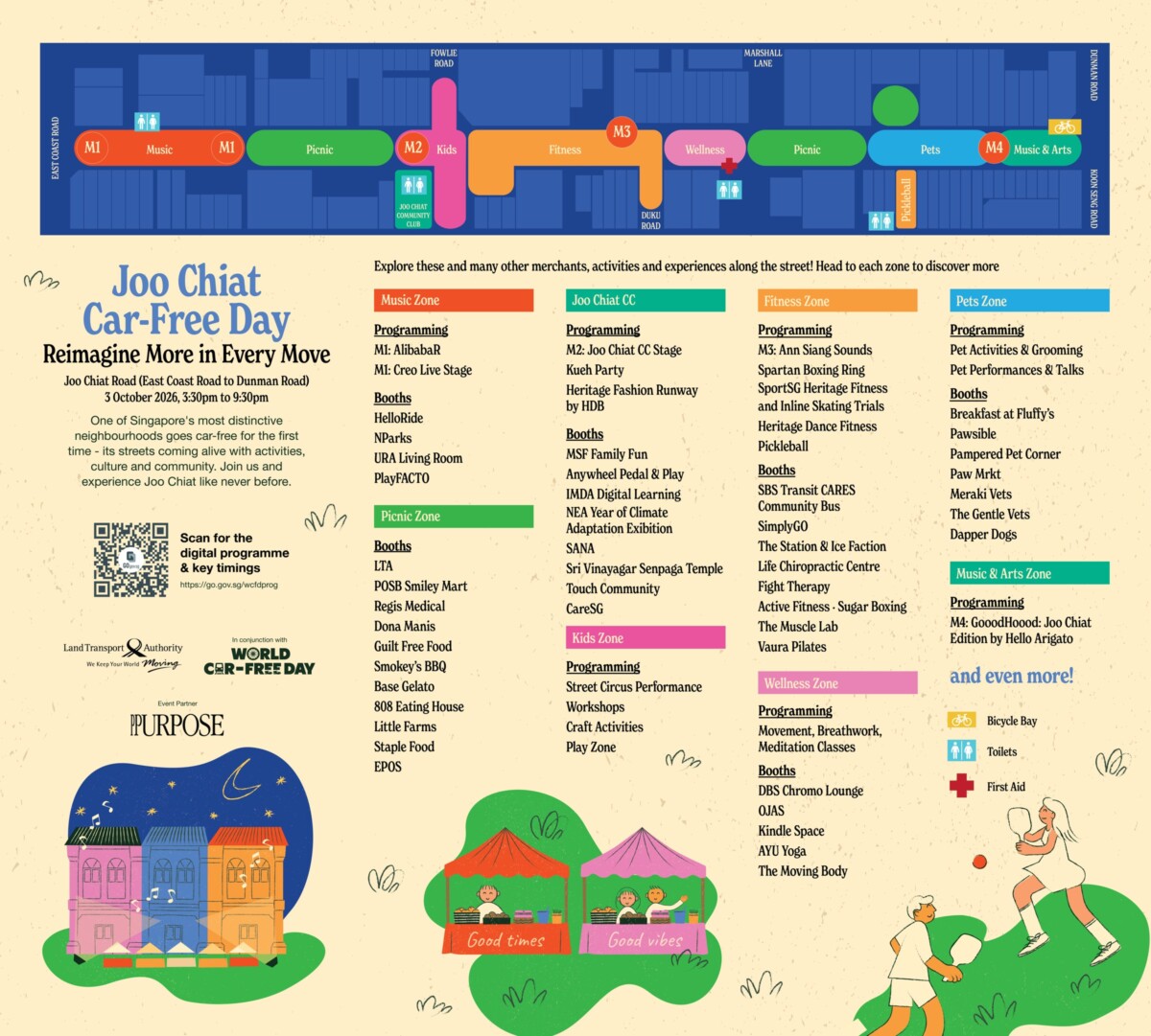 LTA site map for Joo Chiat Car-Free Day showing zones, booths, toilets, first aid and bicycle bay