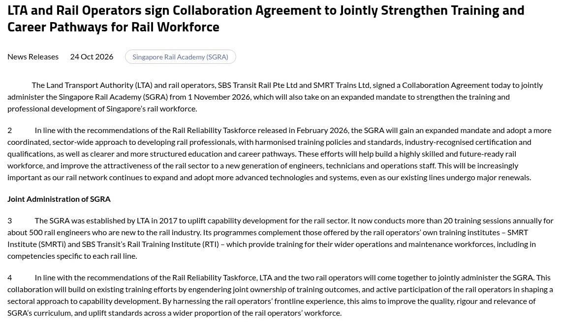 LTA news release of 24 October 2026 on the SBS Transit and SMRT collaboration agreement for the Singapore Rail Academy