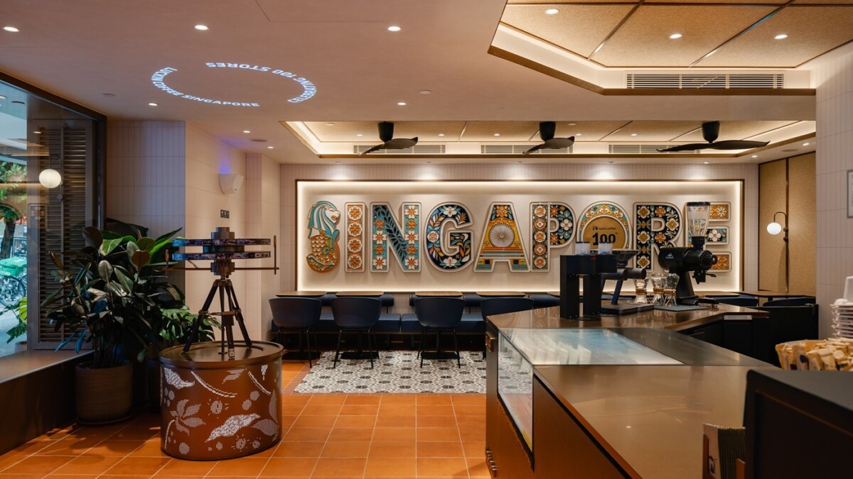 Luckin Coffee 100th store in Singapore with a patterned SINGAPORE letter wall and Merlion