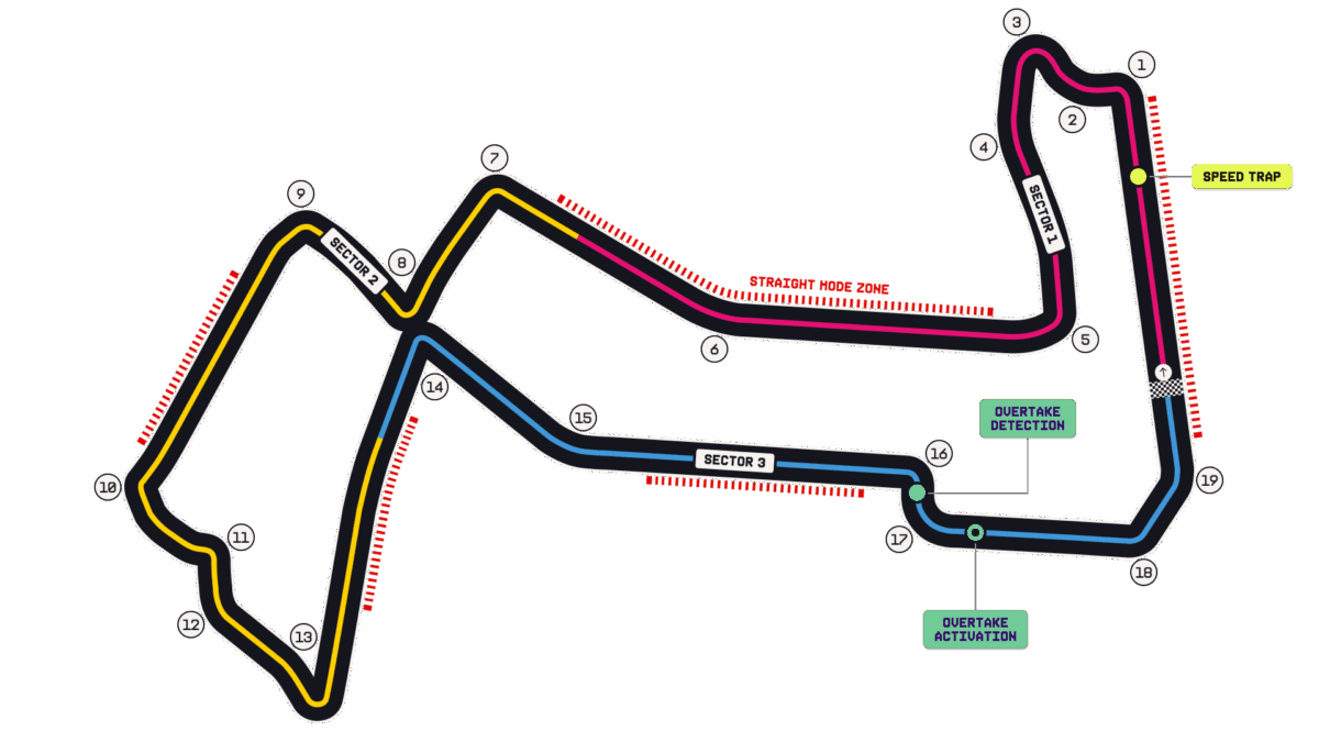 Formula 1 2026 map of the Marina Bay Street Circuit showing 19 corners, Straight Mode zones and Overtake points