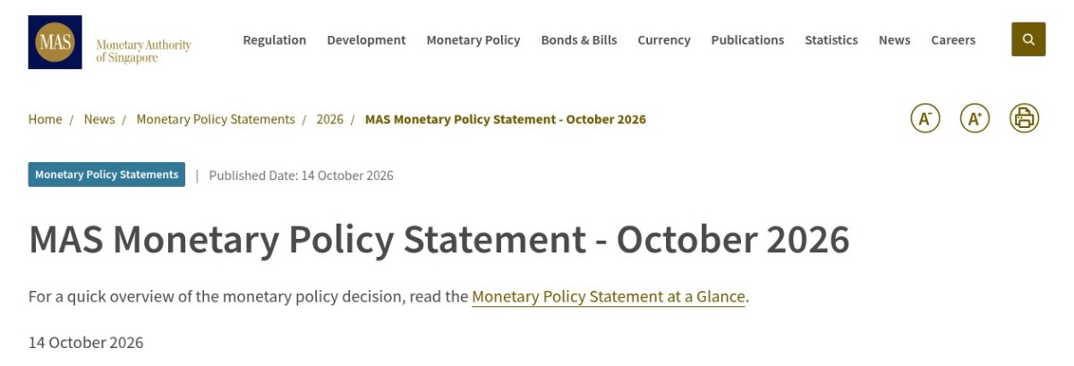 MAS Monetary Policy Statement for October 2026 web page