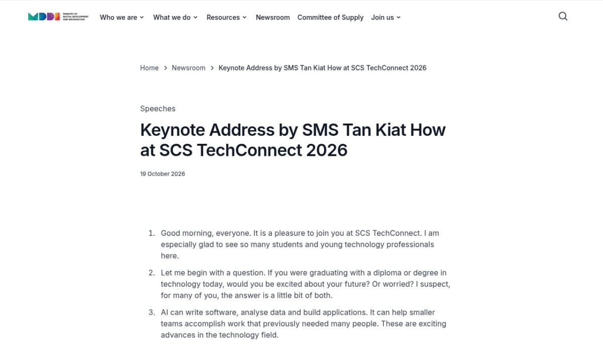 MDDI newsroom page for the keynote address by SMS Tan Kiat How at SCS TechConnect 2026