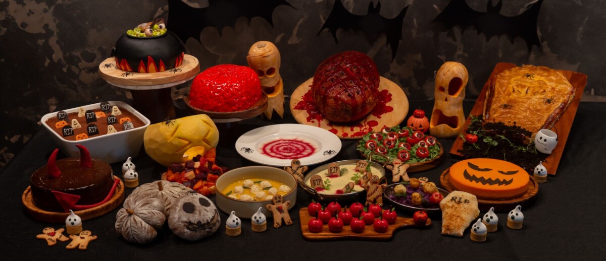 Allora Halloween buffet spread at Crowne Plaza Changi Airport with cakes, pies and pumpkin dishes