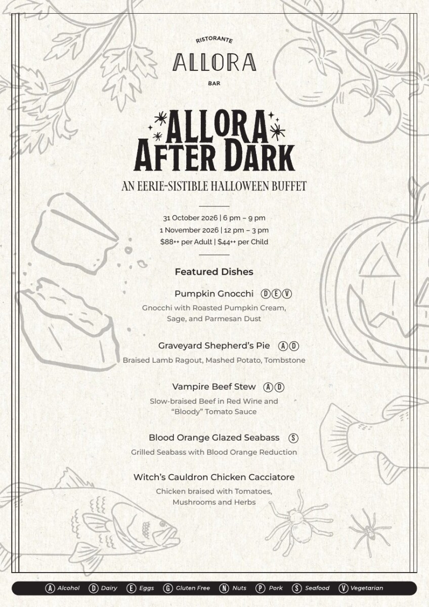 Allora After Dark Halloween buffet menu listing featured dishes, dates and prices