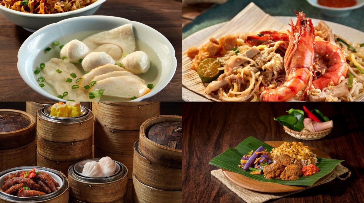 Food Opera ION Orchard press collage of fishball noodles, prawn noodles, dim sum and padang