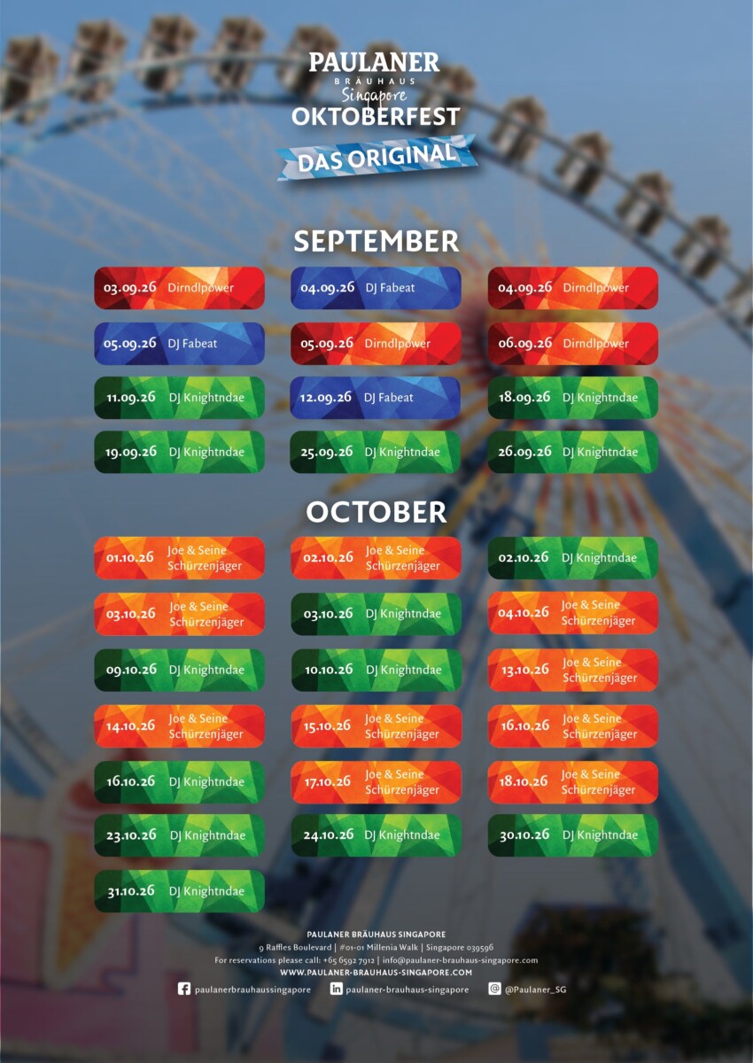 Paulaner Bräuhaus Singapore Oktoberfest 2026 lineup poster for Millenia Walk