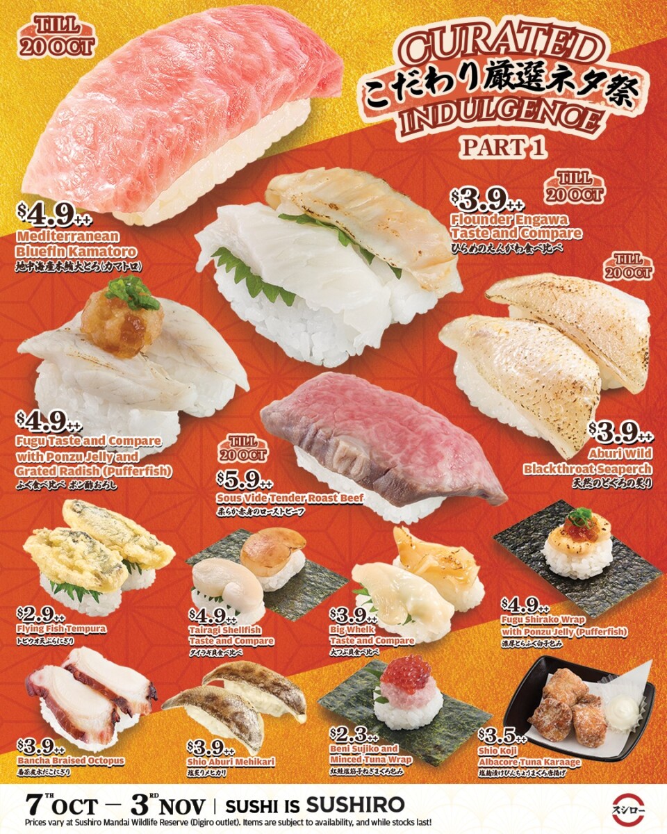 Sushiro Curated Indulgence Part 1 menu poster with prices, 7 October to 3 November 2026