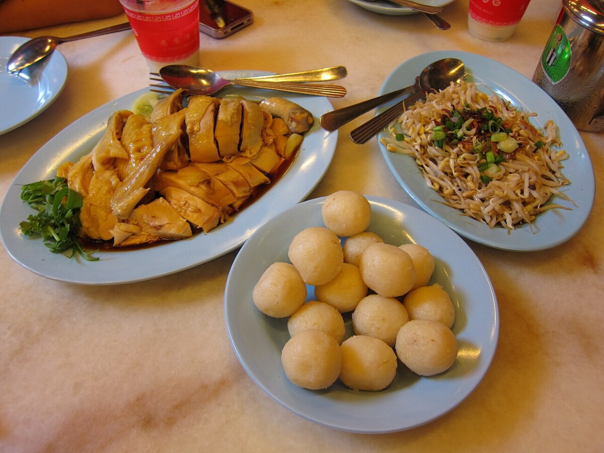 A plate of Melaka chicken rice balls with dipping sauce
