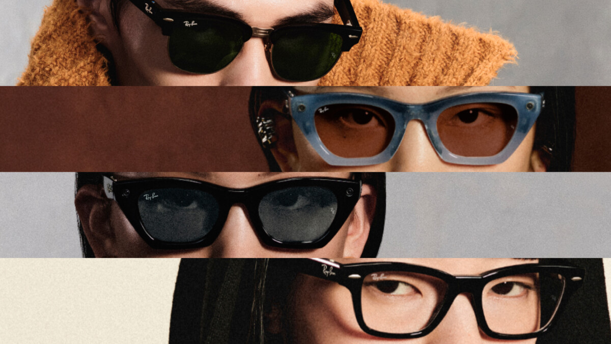 Four models wearing different Ray-Ban Meta AI glasses frames, cropped at eye level