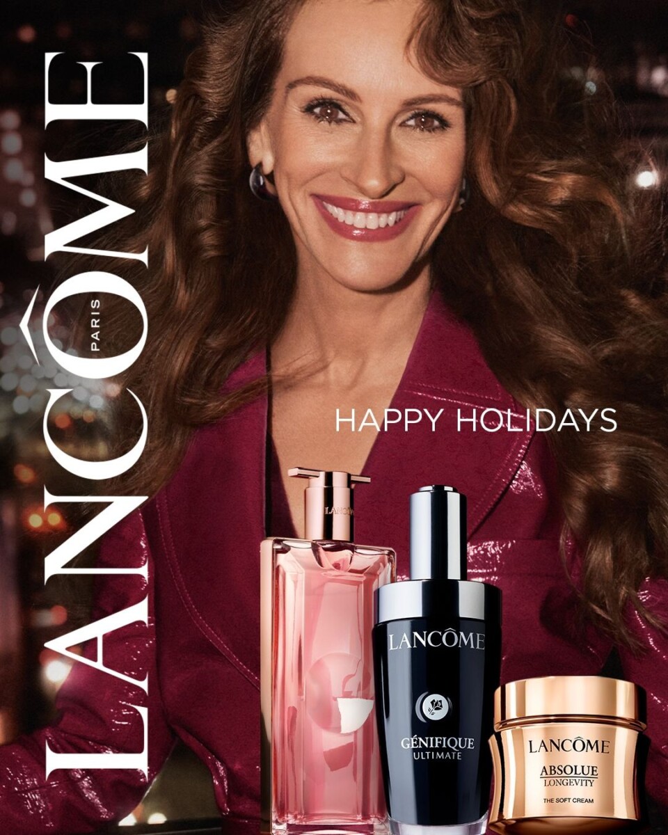 Lancôme holiday campaign image with Idôle, Génifique and Absolue products