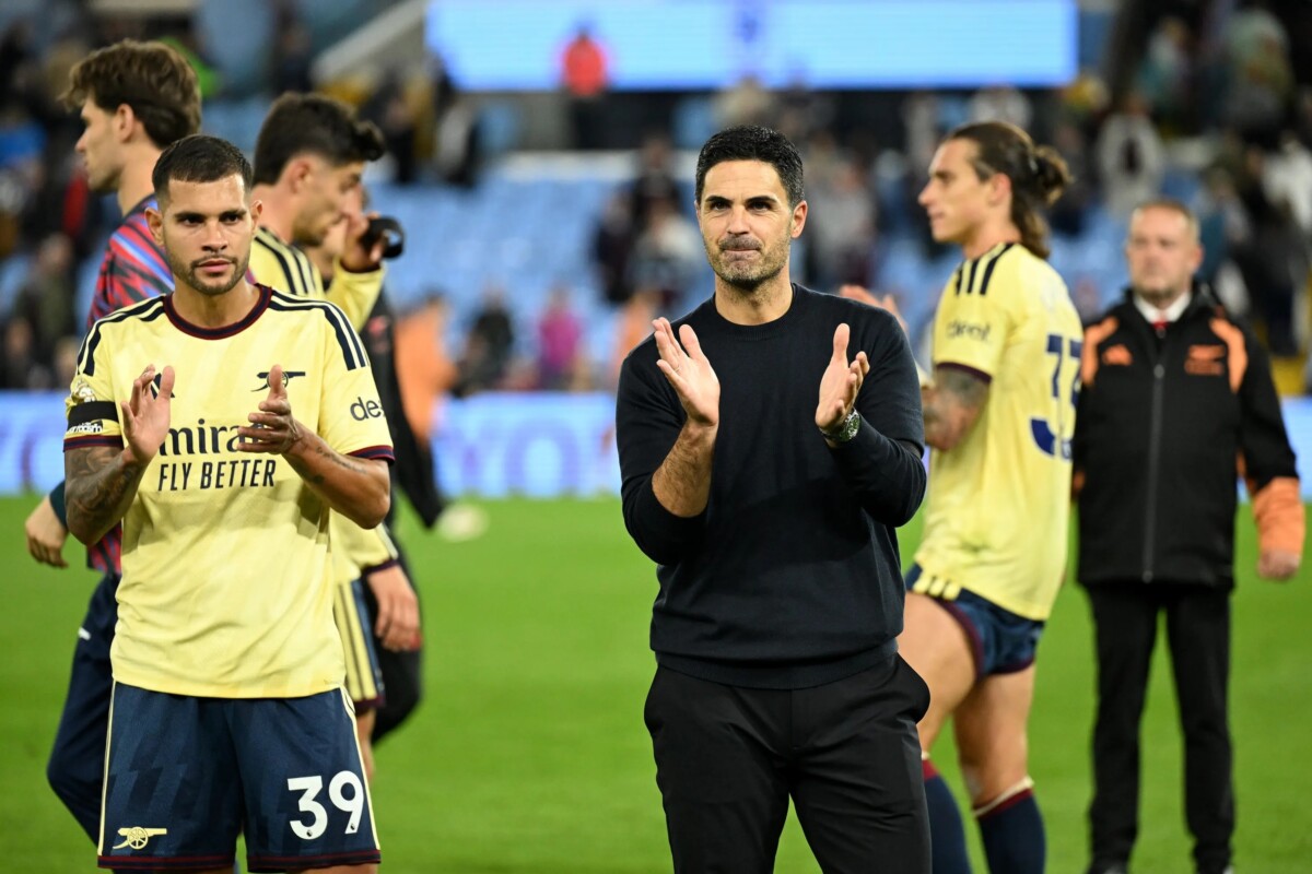 Mikel Arteta of Arsenal acknowledges fans after the win at Villa Park