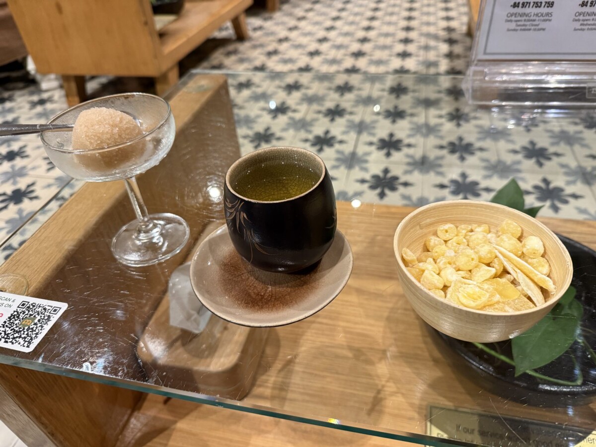 Post-massage spread at MiuMiu Spa Saigon with sorbet, green tea and dried fruit