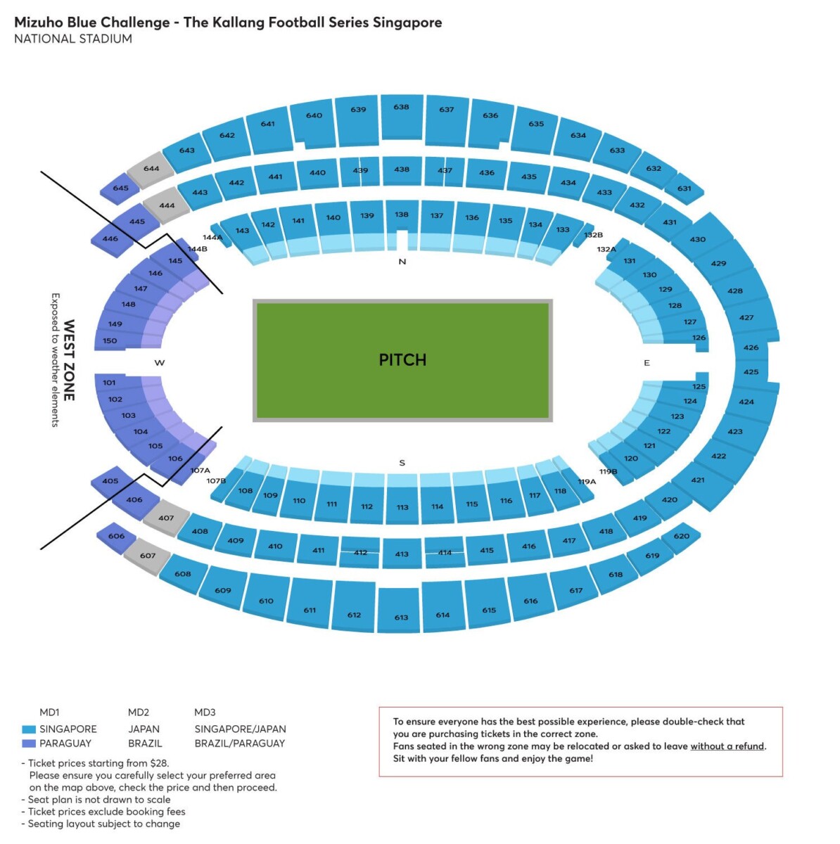 National Stadium seat map for the Mizuho Blue Challenge showing VIP and Category 1 to 4 zones