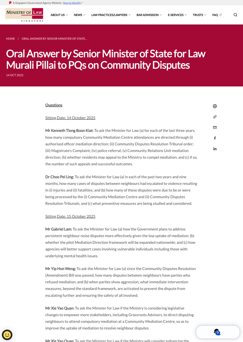 Ministry of Law parliamentary reply page on Community Disputes and Mediation Directions