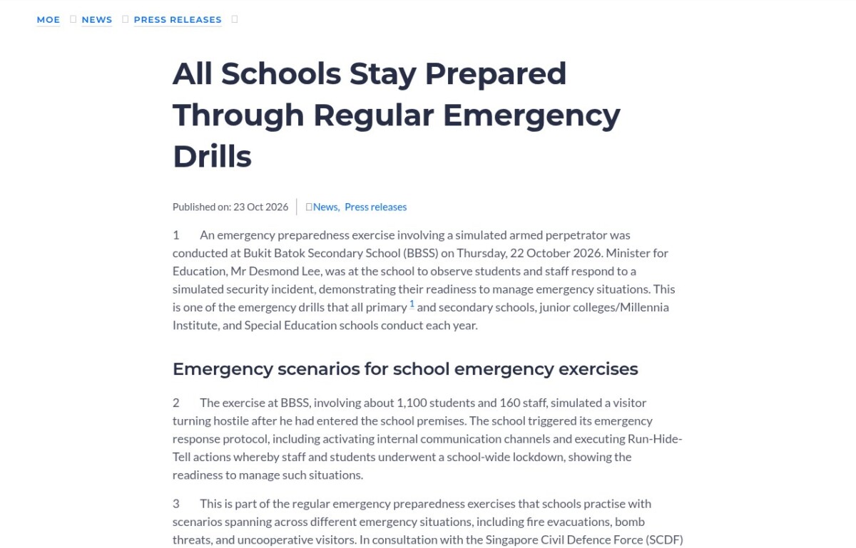 MOE press release page titled All Schools Stay Prepared Through Regular Emergency Drills, published 23 October 2026