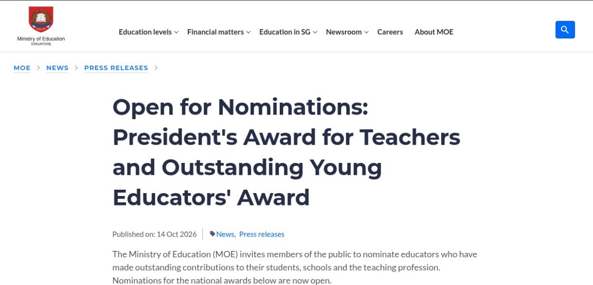 MOE press release opening nominations for the 2027 teaching awards