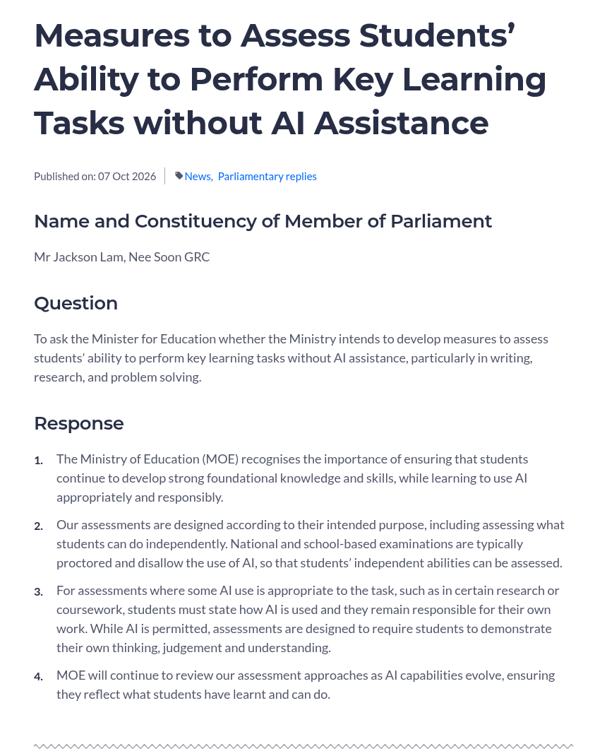 Ministry of Education reply on assessing students' ability to do key learning tasks without AI