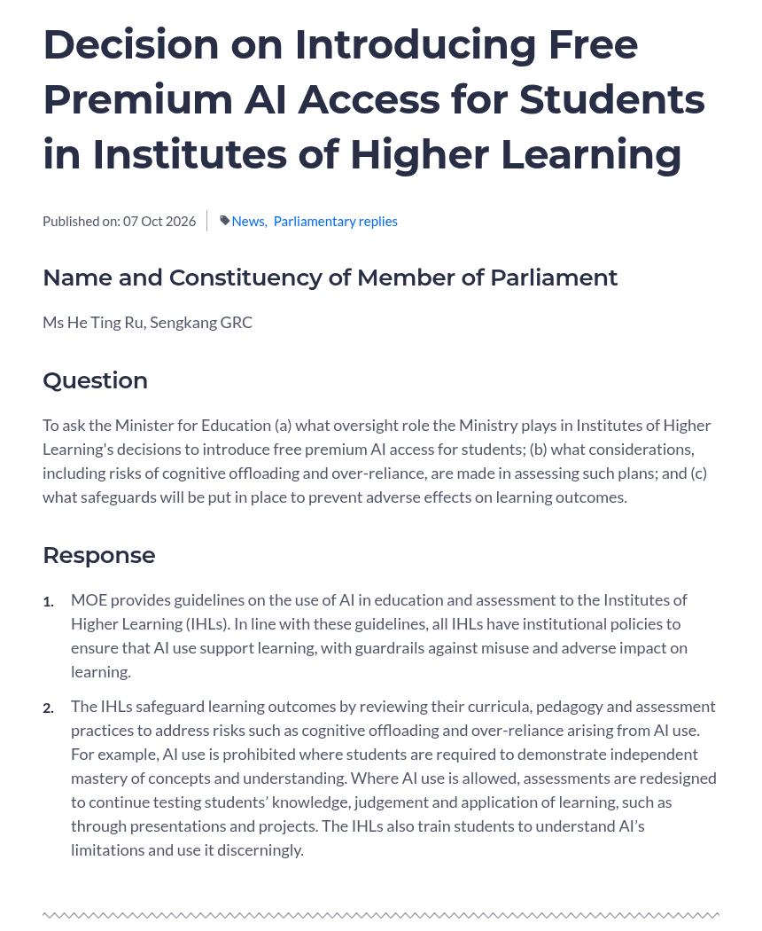 Ministry of Education reply on free premium AI access for students at institutes of higher learning