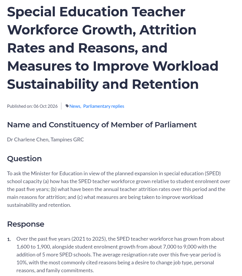 Ministry of Education reply on SPED teacher workforce growth and resignation rates, 6 October 2026