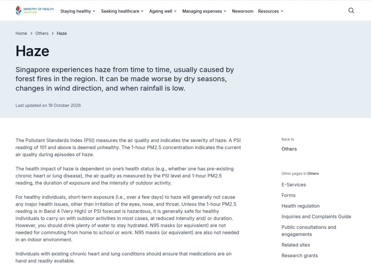 Ministry of Health haze advisory page with guidance on N95 masks and PSI readings